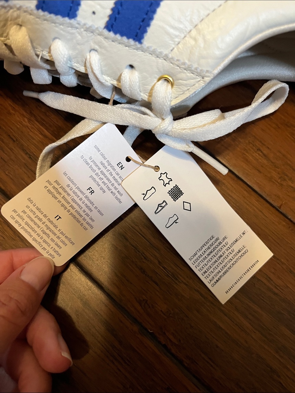 adidas womens japan White Leather Sneakers with Blue Stripes and Yellow Gum Sole - Picture 4 of 14